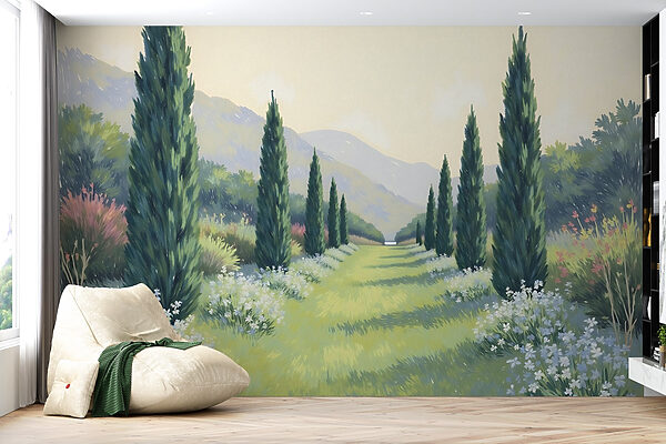 Painting of a landscape with trees and flowers Painting of a landscape with trees and flowers