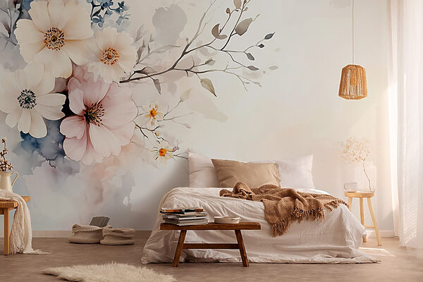 Fotomurales Fotomurales Pintura de flores sobre fondo blanco (SKU: w03400)