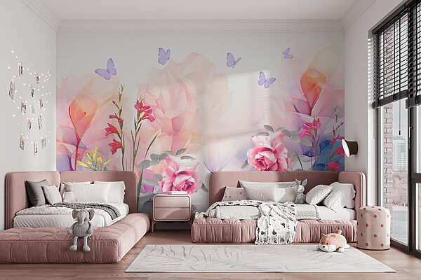 Fotomurales Fotomurales Grupo de flores con mariposas (SKU: w09002)