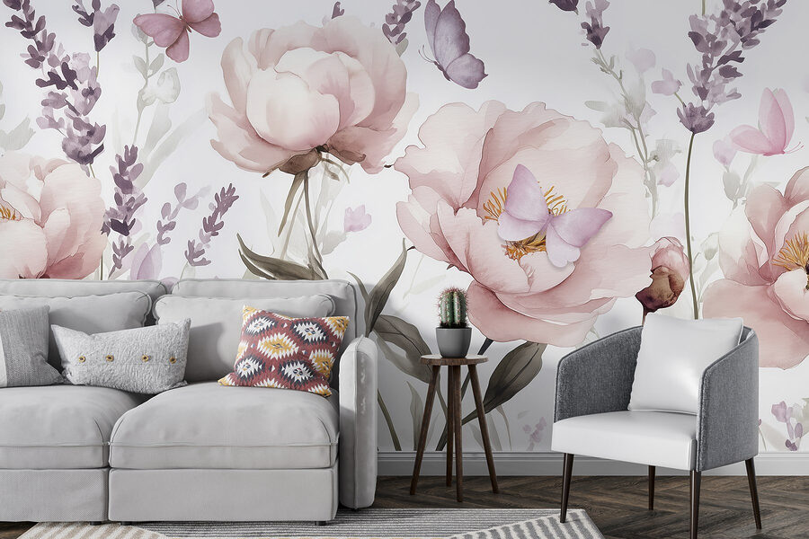 Pintura de flores y mariposas