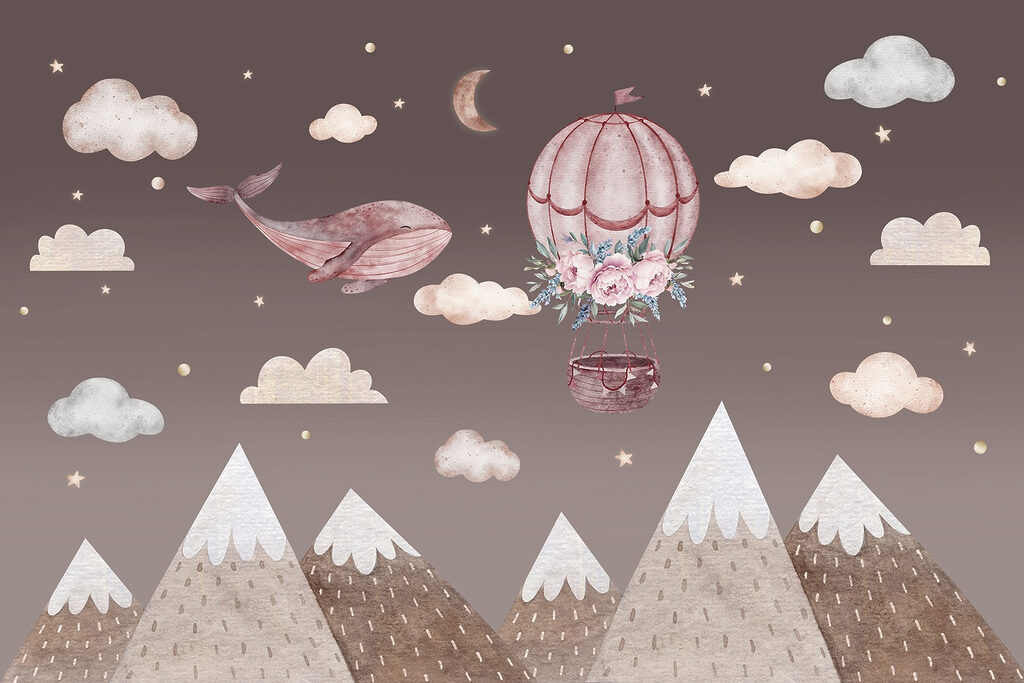 Whale and hot air balloon in the sky