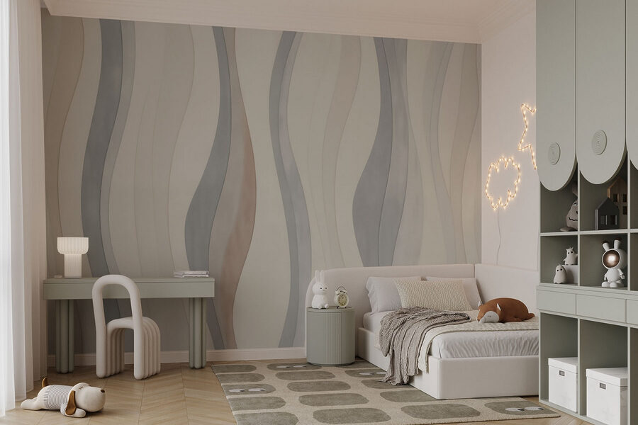 Papel pintado blanco y gris con líneas onduladas