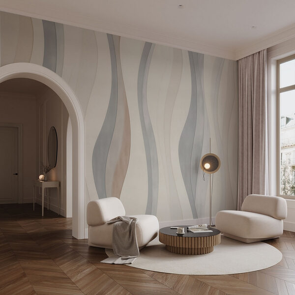 Papel pintado blanco y gris con líneas onduladas Papel pintado blanco y gris con líneas onduladas