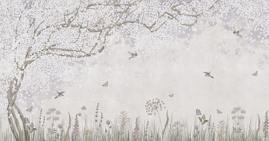 Pintura de un jardín con flores y mariposas Pintura de un jardín con flores y mariposas