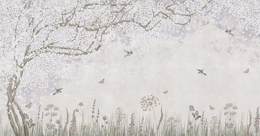 Pintura de un jardín con flores y mariposas