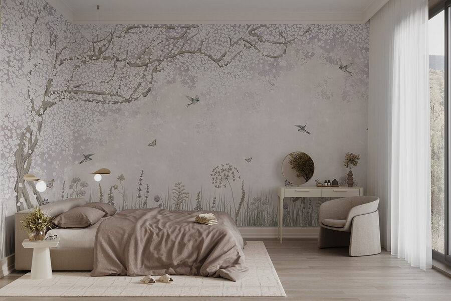 Pintura de un jardín con flores y mariposas