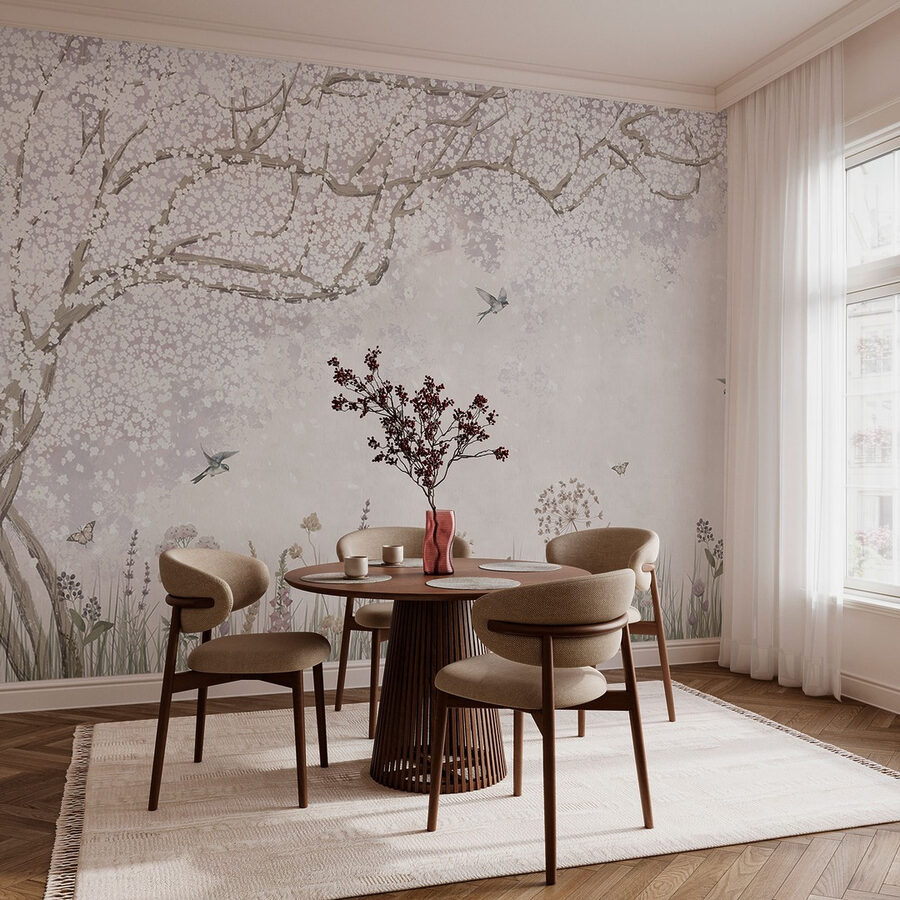 Pintura de un jardín con flores y mariposas