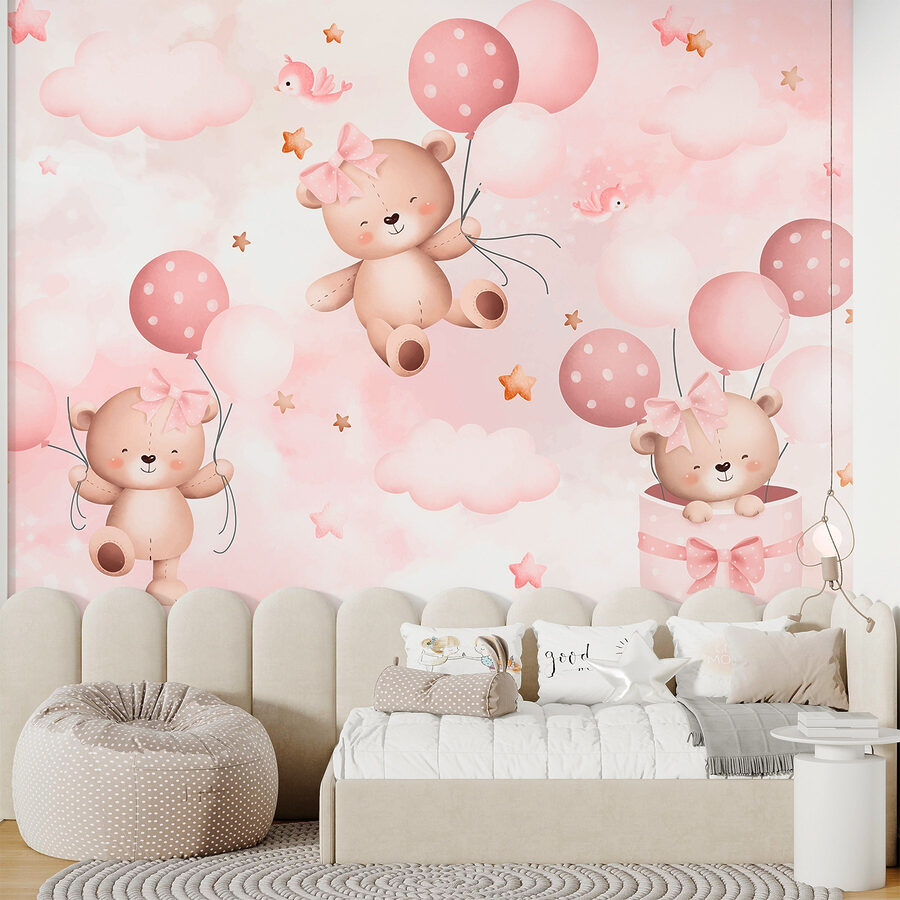 Grupo de ositos de peluche sosteniendo globos