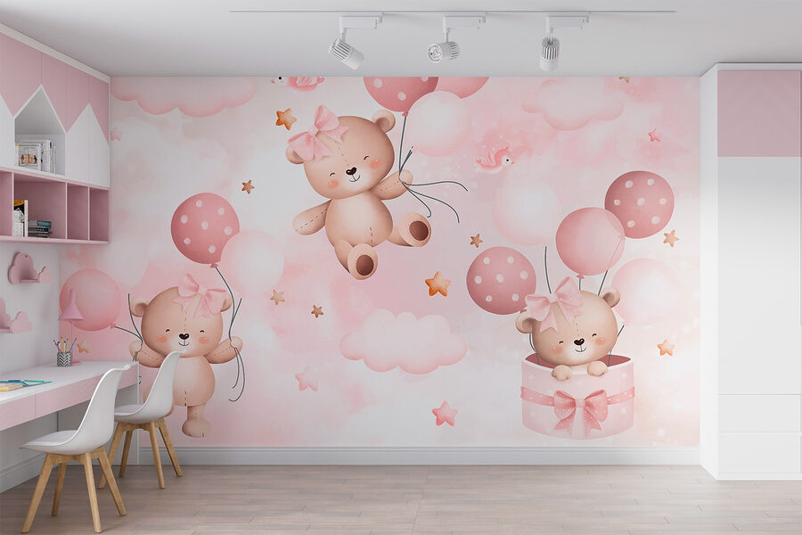 Grupo de ositos de peluche sosteniendo globos