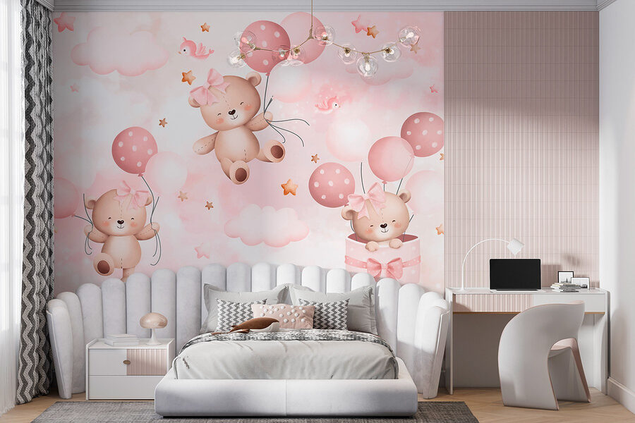 Grupo de ositos de peluche sosteniendo globos