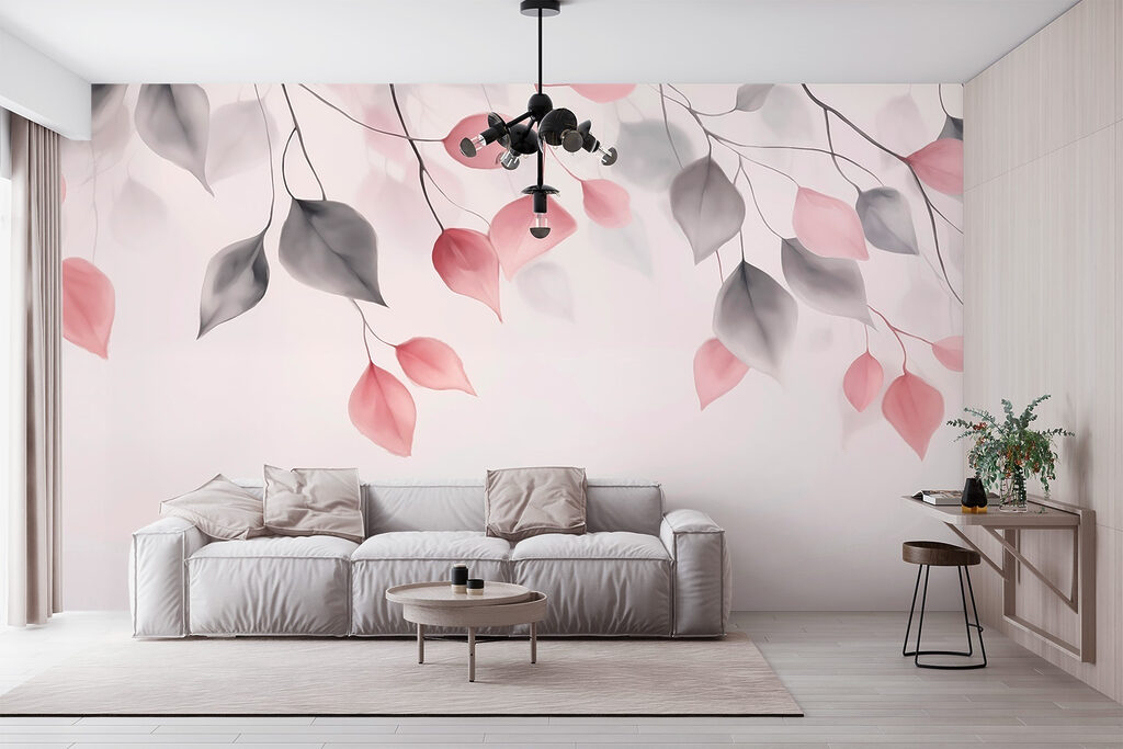 Pink and grey leaves on branches