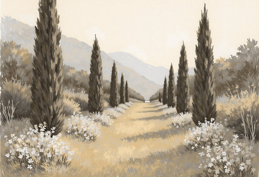 Paisaje con árboles y flores