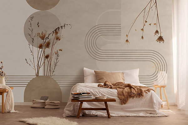 Fondo marrón y blanco con círculos marrones y blancos y plantas Fondo marrón y blanco con círculos marrones y blancos y plantas