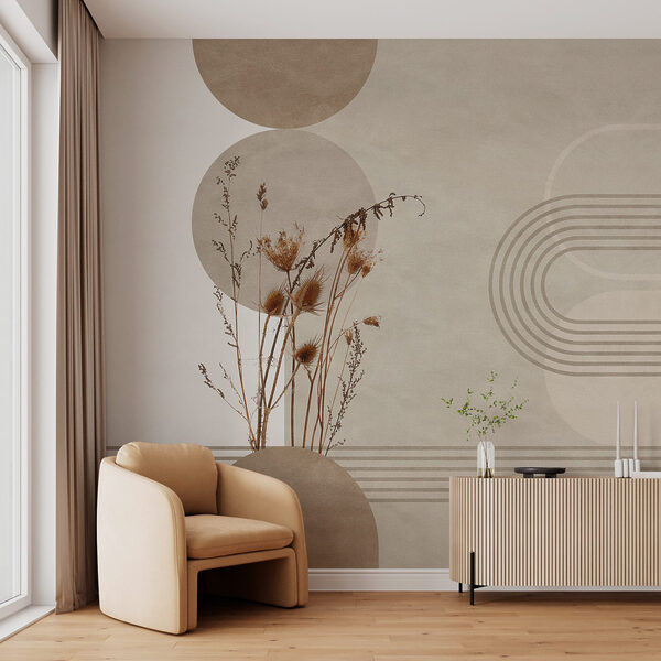 Fondo marrón y blanco con círculos marrones y blancos y plantas Fondo marrón y blanco con círculos marrones y blancos y plantas