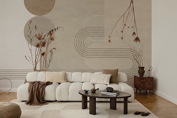 Fondo marrón y blanco con círculos marrones y blancos y plantas Fondo marrón y blanco con círculos marrones y blancos y plantas