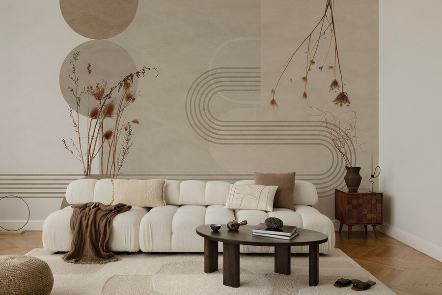 Fondo marrón y blanco con círculos marrones y blancos y plantas Fondo marrón y blanco con círculos marrones y blancos y plantas