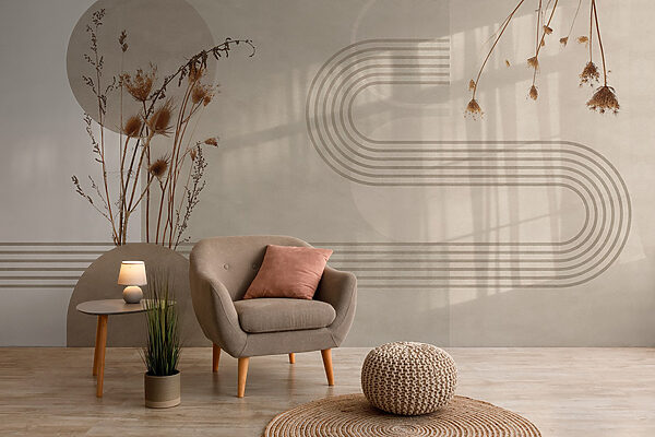 Fondo marrón y blanco con círculos marrones y blancos y plantas Fondo marrón y blanco con círculos marrones y blancos y plantas