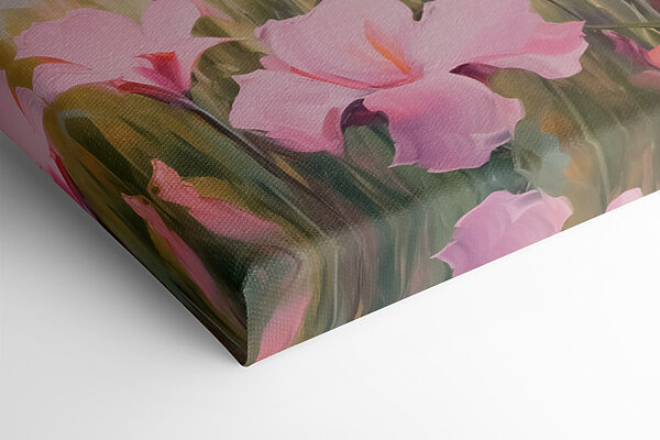 Painting of pink flowers in a field