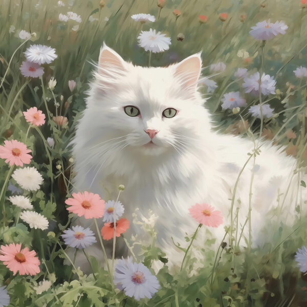 White cat in a field of flowers White cat in a field of flowers