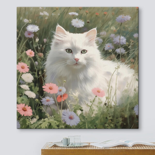 Cuadros Gato blanco en un campo de flores