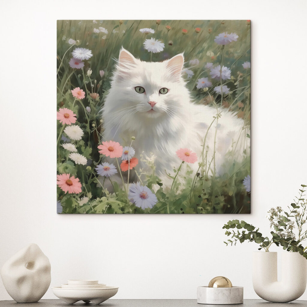White cat in a field of flowers White cat in a field of flowers
