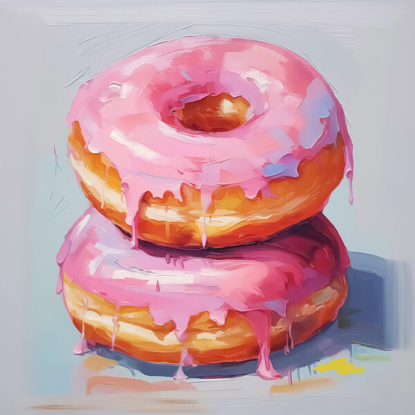 Two donuts with pink frosting Two donuts with pink frosting