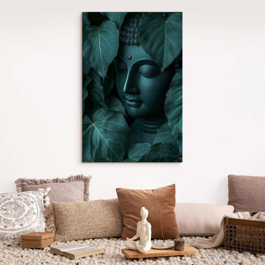 Statue of a person's face surrounded by leaves