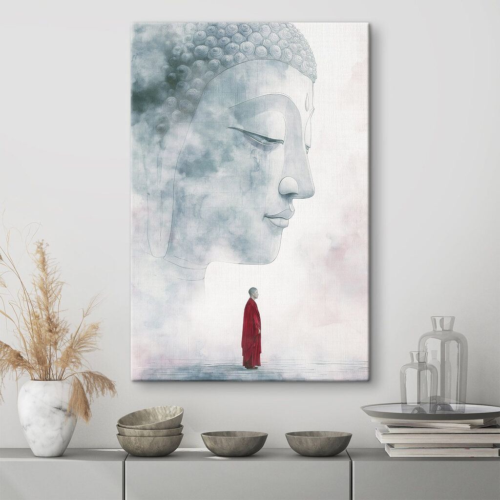 Man standing in front of a large face Man standing in front of a large face