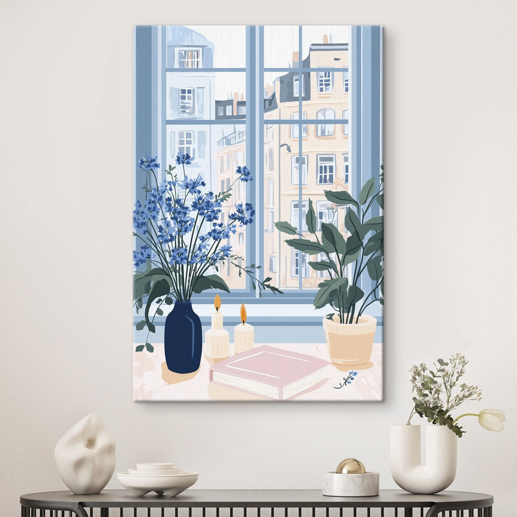 Window with flowers and candles Window with flowers and candles