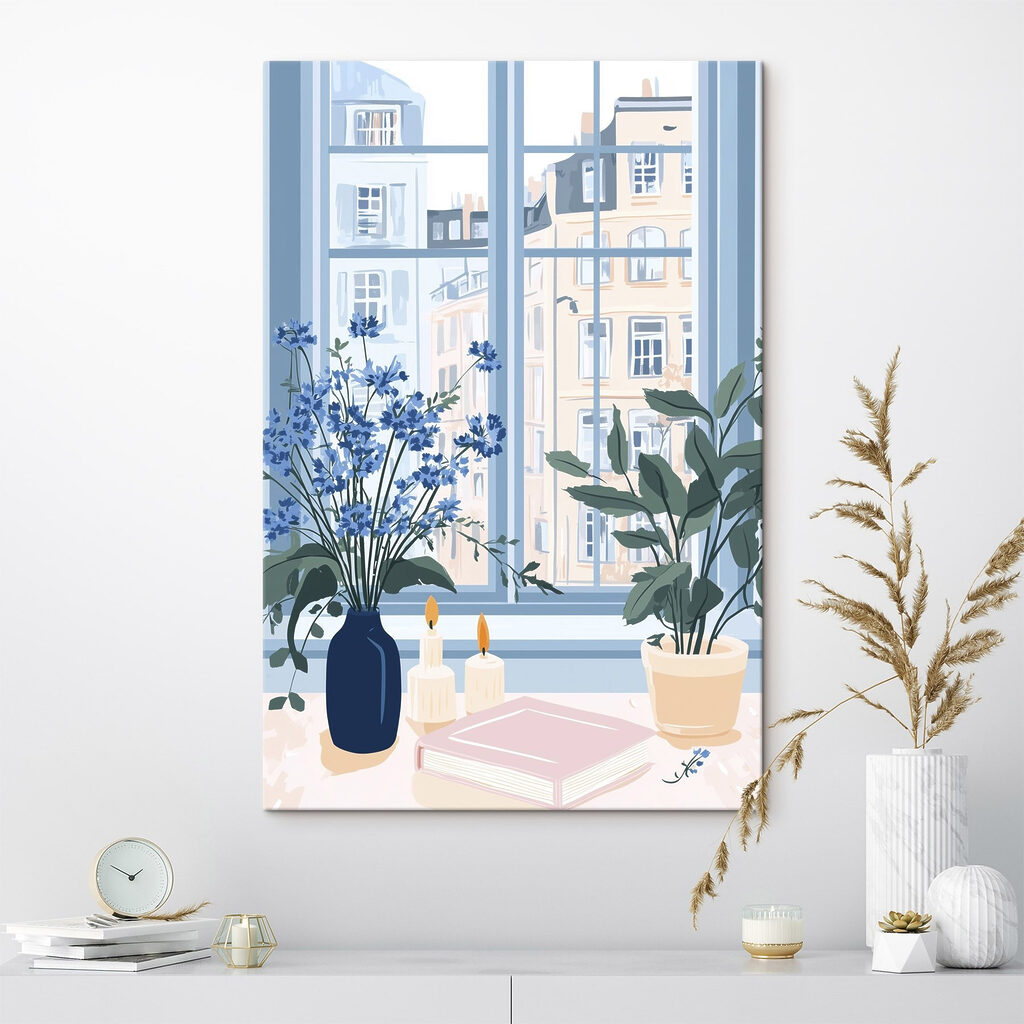 Window with flowers and candles Window with flowers and candles