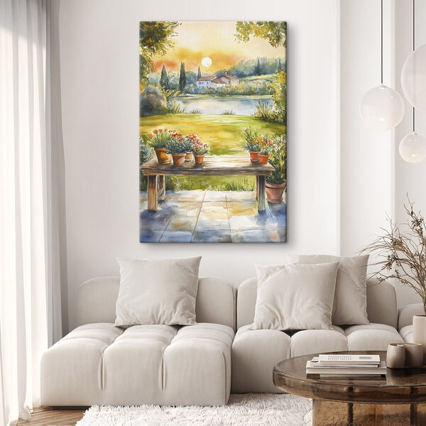 Watercolor painting of a table with potted plants on it Watercolor painting of a table with potted plants on it