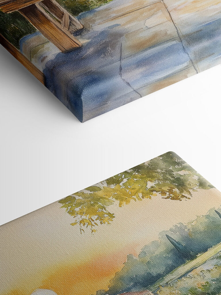 Watercolor painting of a table with potted plants on it Watercolor painting of a table with potted plants on it