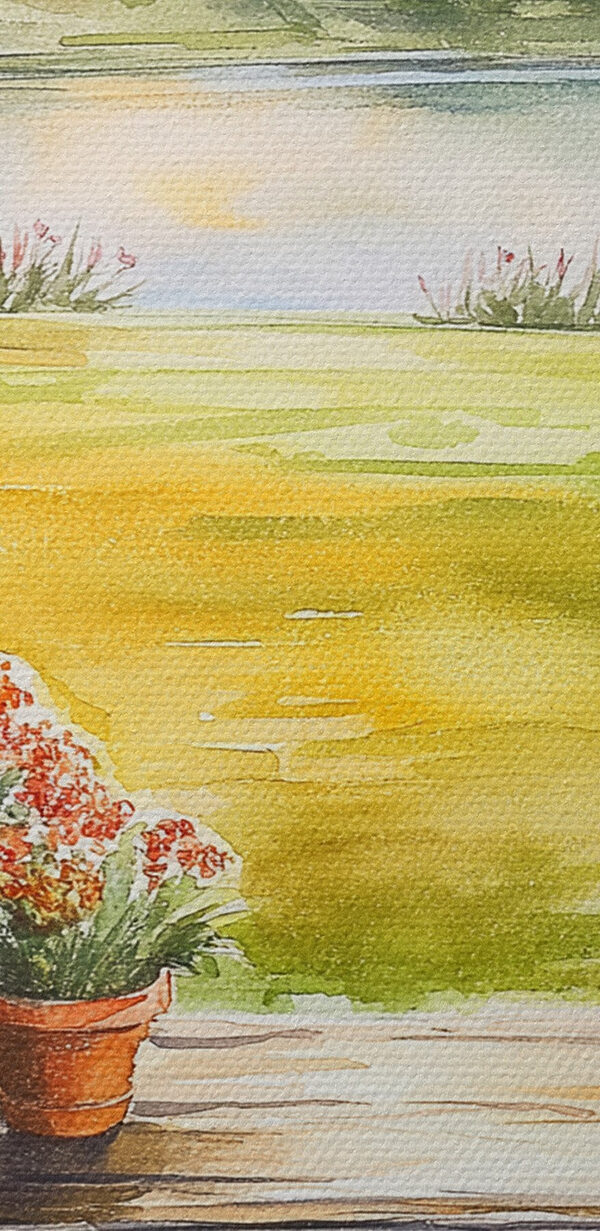 Watercolor painting of a table with potted plants on it Watercolor painting of a table with potted plants on it