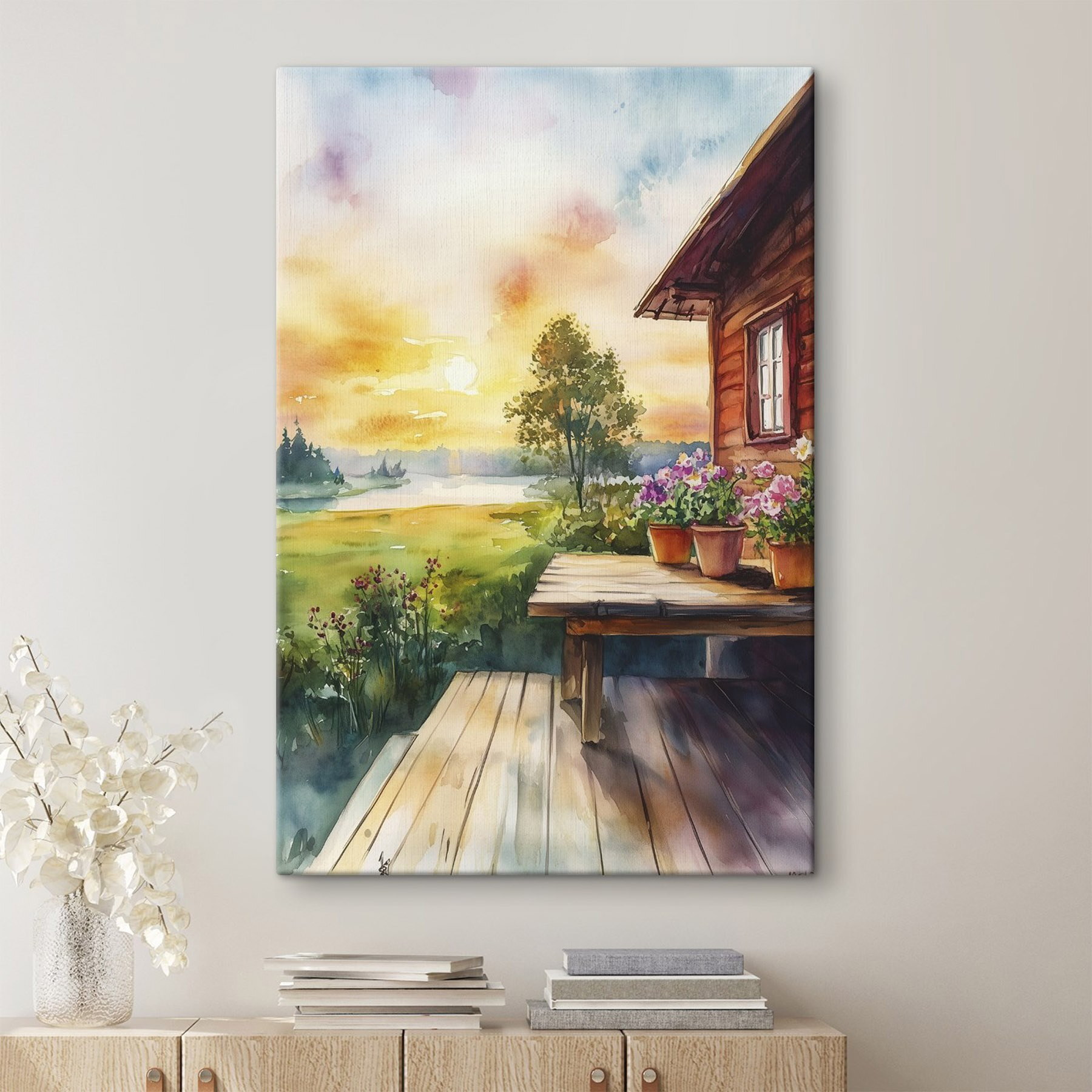 Watercolor painting of a house with flowers on a table Watercolor painting of a house with flowers on a table