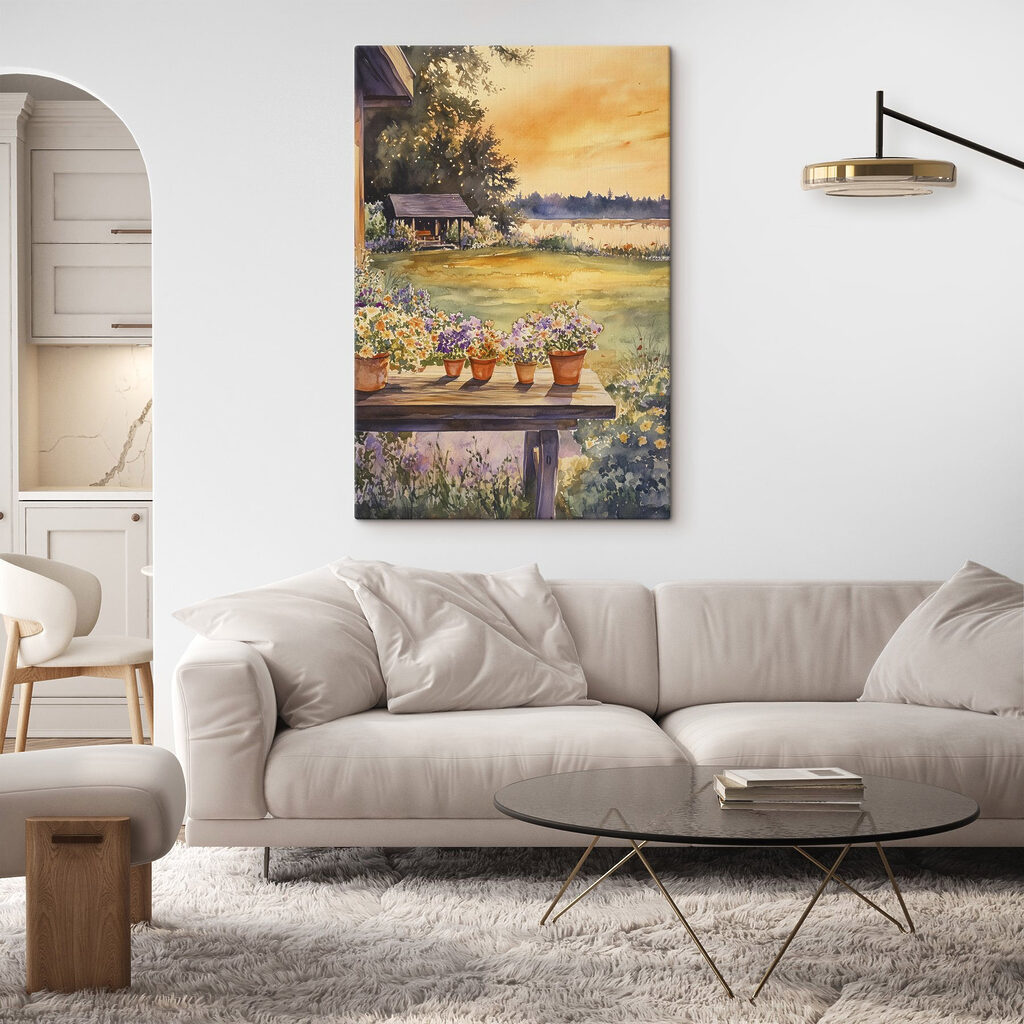 Watercolor painting of a porch with potted flowers on a table Watercolor painting of a porch with potted flowers on a table
