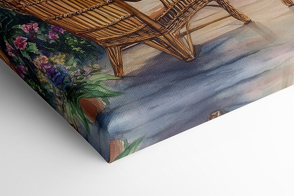Painting of chairs and a lake