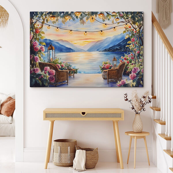 Watercolor painting of a deck with chairs and flowers and lights from a string Watercolor painting of a deck with chairs and flowers and lights from a string