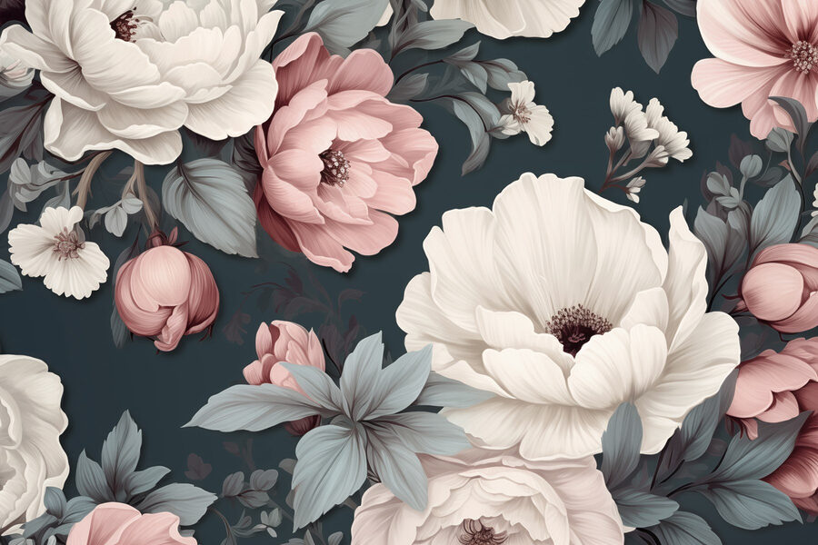 Motivo floral con flores blancas y rosas