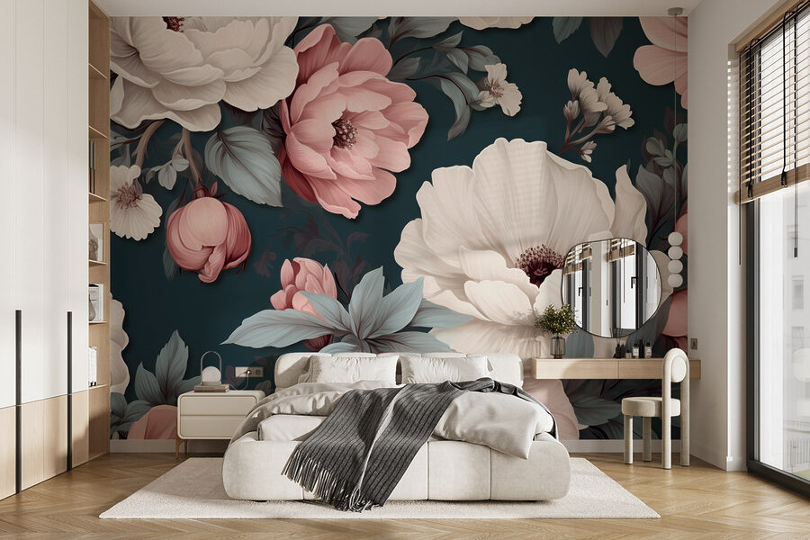 Motivo floral con flores blancas y rosas