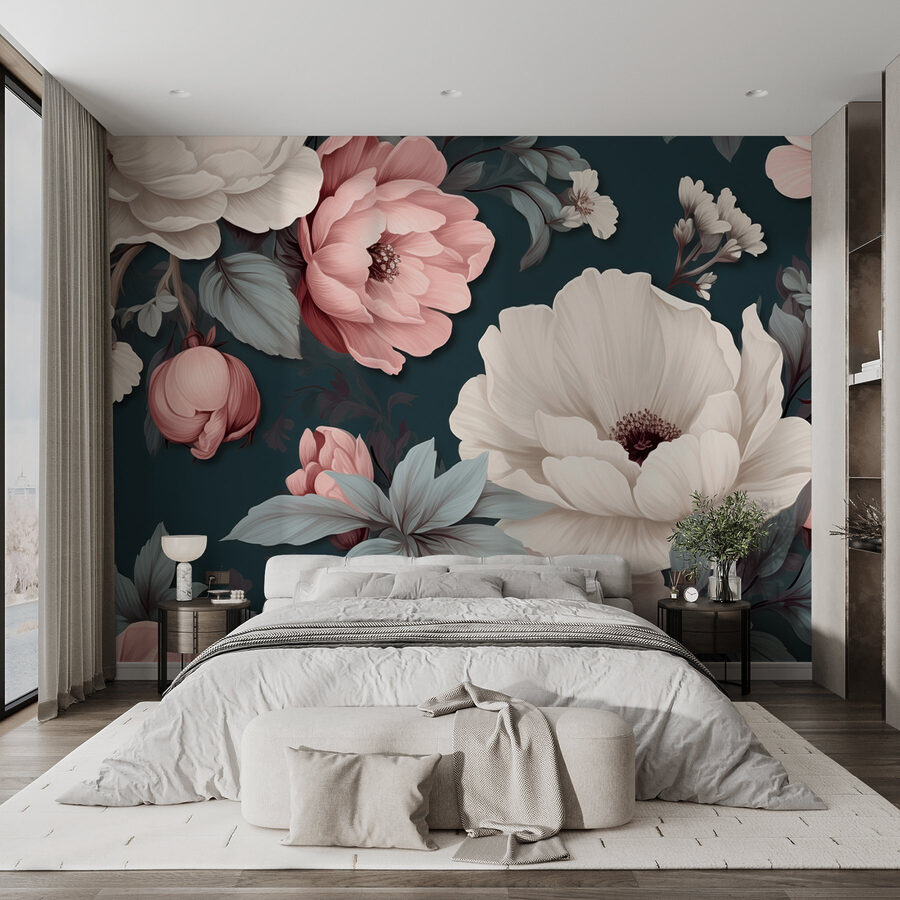 Motivo floral con flores blancas y rosas