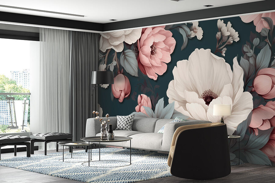 Motivo floral con flores blancas y rosas