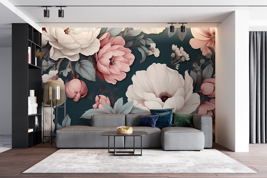 Motivo floral con flores blancas y rosas
