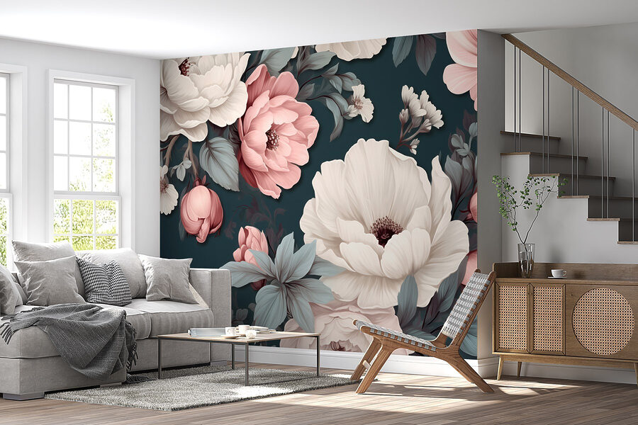 Motivo floral con flores blancas y rosas