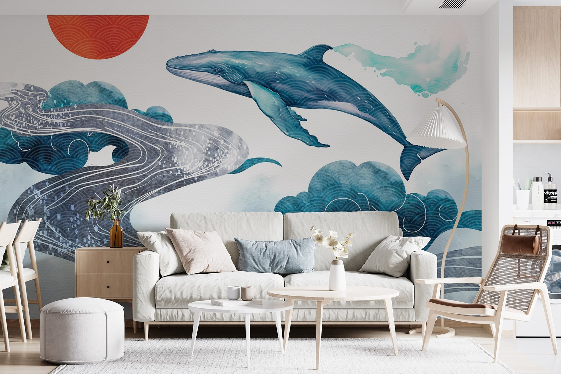 Whale and water with a red sun