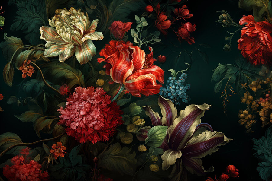 Pintura de flores sobre fondo oscuro
