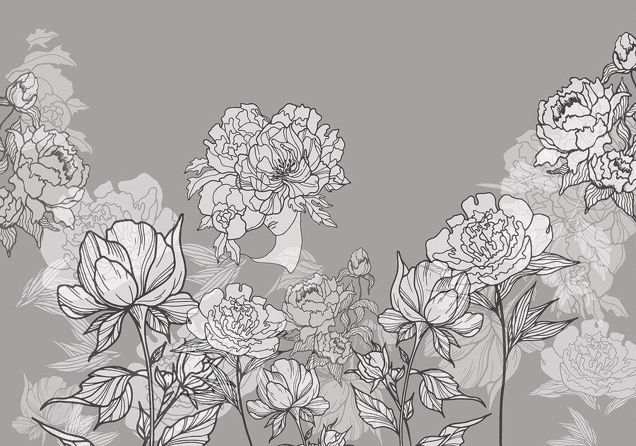 Línea de flores sobre fondo gris