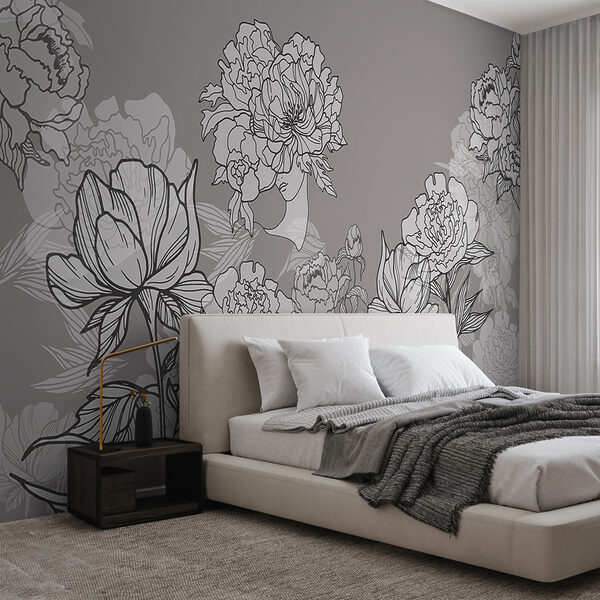 Línea de flores sobre fondo gris Línea de flores sobre fondo gris