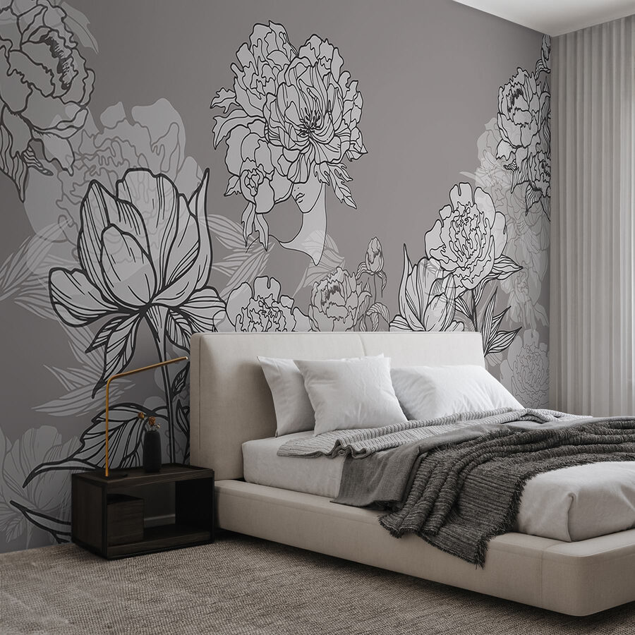 Línea de flores sobre fondo gris