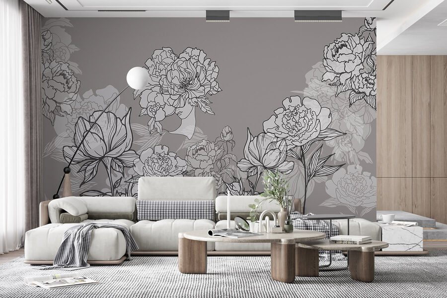 Línea de flores sobre fondo gris