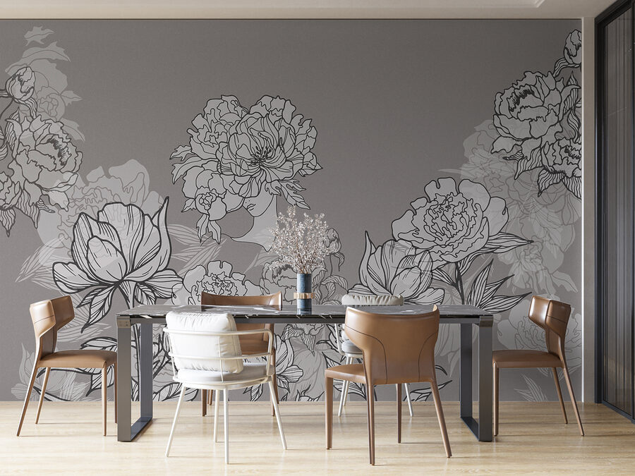 Línea de flores sobre fondo gris
